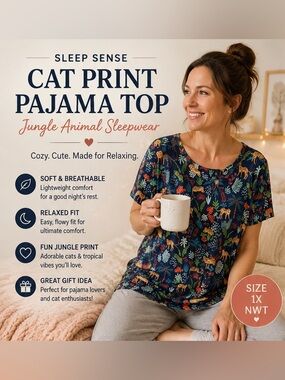 Sleep Sense Cat Print Pajama Top 1X Jungle Animal Sleepwear NWT